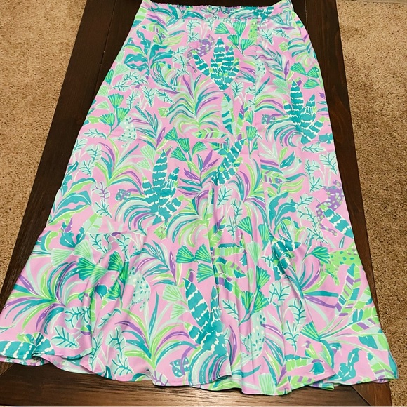 Lilly Pulitzer Britney Midi Skirt Purple Floral Faux Wrap Flowy Ruffled Hem - Picture 13 of 16